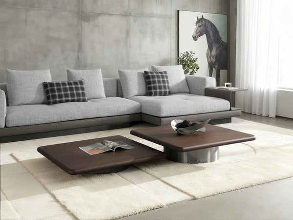 HomeRoots 39" Modern Square Pedestal Coffee Table in Brown Wood & Silver Stainless Steel for Stylish Interiors 714607