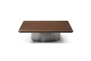 HomeRoots 39" Modern Square Pedestal Coffee Table in Brown Wood & Silver Stainless Steel for Stylish Interiors 714607