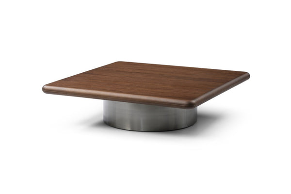 HomeRoots 39" Modern Square Pedestal Coffee Table in Brown Wood & Silver Stainless Steel for Stylish Interiors 714607