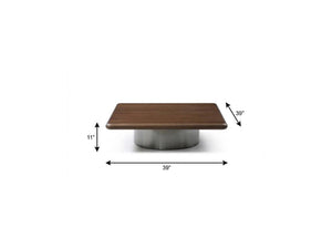 HomeRoots 39" Modern Square Pedestal Coffee Table in Brown Wood & Silver Stainless Steel for Stylish Interiors 714607