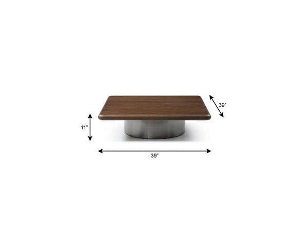 HomeRoots 39" Modern Square Pedestal Coffee Table in Brown Wood & Silver Stainless Steel for Stylish Interiors 714607
