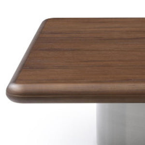 HomeRoots 39" Modern Square Pedestal Coffee Table in Brown Wood & Silver Stainless Steel for Stylish Interiors 714607