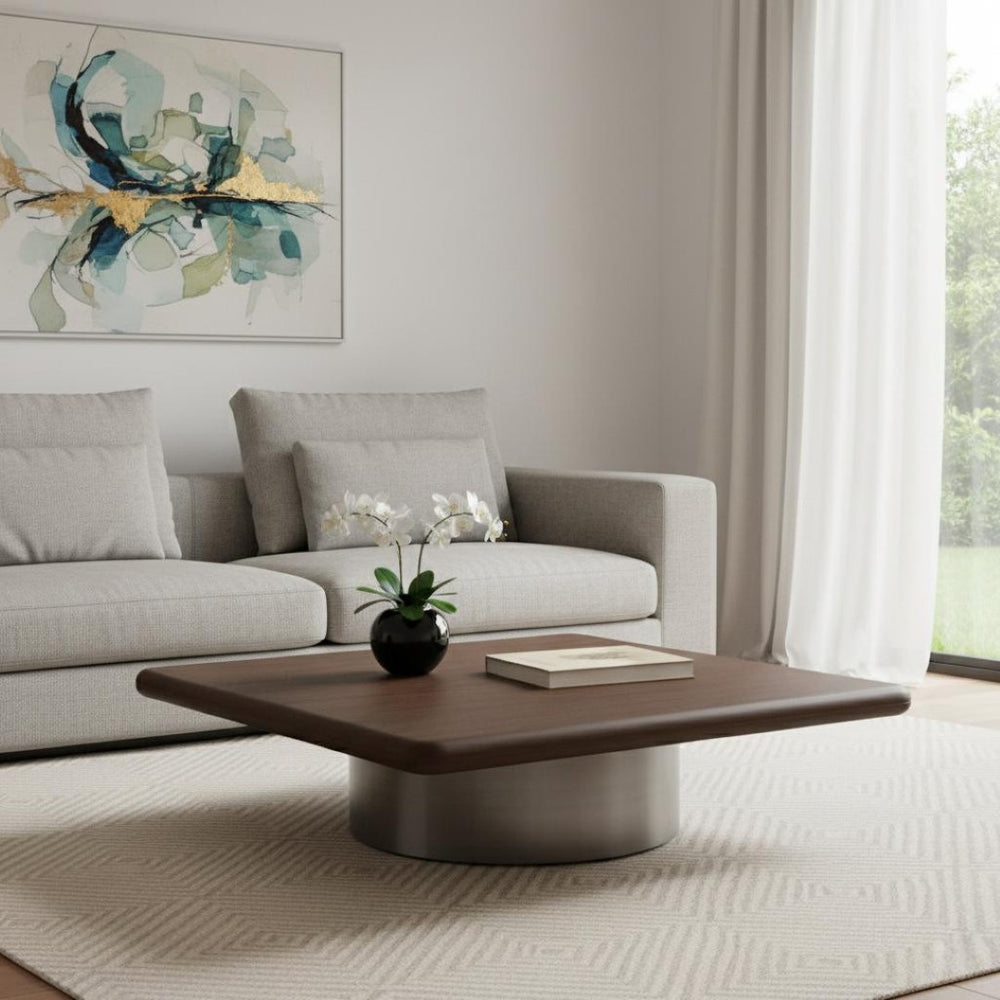 HomeRoots 39" Modern Square Pedestal Coffee Table in Brown Wood & Silver Stainless Steel for Stylish Interiors 714607