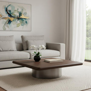 HomeRoots 39" Modern Square Pedestal Coffee Table in Brown Wood & Silver Stainless Steel for Stylish Interiors 714607