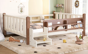 English Elm Twin Pine Floor Bed for Kids with Side Bookcases Built-in Stairs and Safety Guardrails Beige W1580P390220