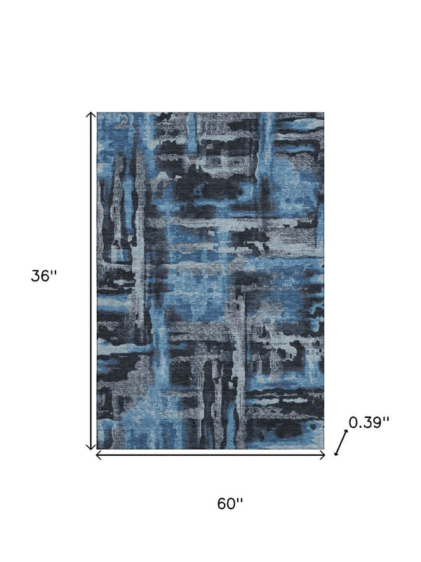 HomeRoots 5' X 8' Black and Blue Abstract Area Rug - Washable, Stain-Resistant, and UV Protected for Homes 714615