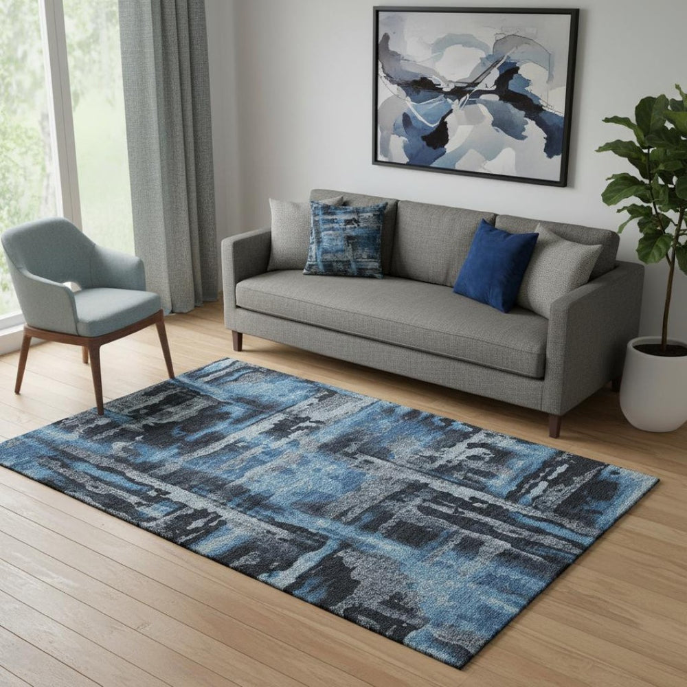 HomeRoots 8' Black And Blue Abstract Washable Round Rug - Durable, UV-Protected, Perfect for High-Traffic Areas 714616