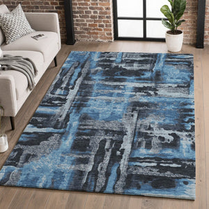 HomeRoots 9' X 12' Stylish Black and Blue Abstract Washable Area Rug with UV Protection for High-Traffic Spaces 714618