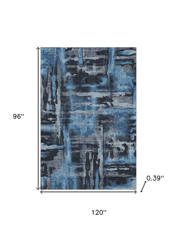 HomeRoots 9' X 12' Stylish Black and Blue Abstract Washable Area Rug with UV Protection for High-Traffic Spaces 714618