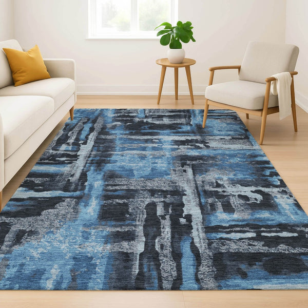 HomeRoots 9' X 12' Stylish Black and Blue Abstract Washable Area Rug with UV Protection for High-Traffic Spaces 714618