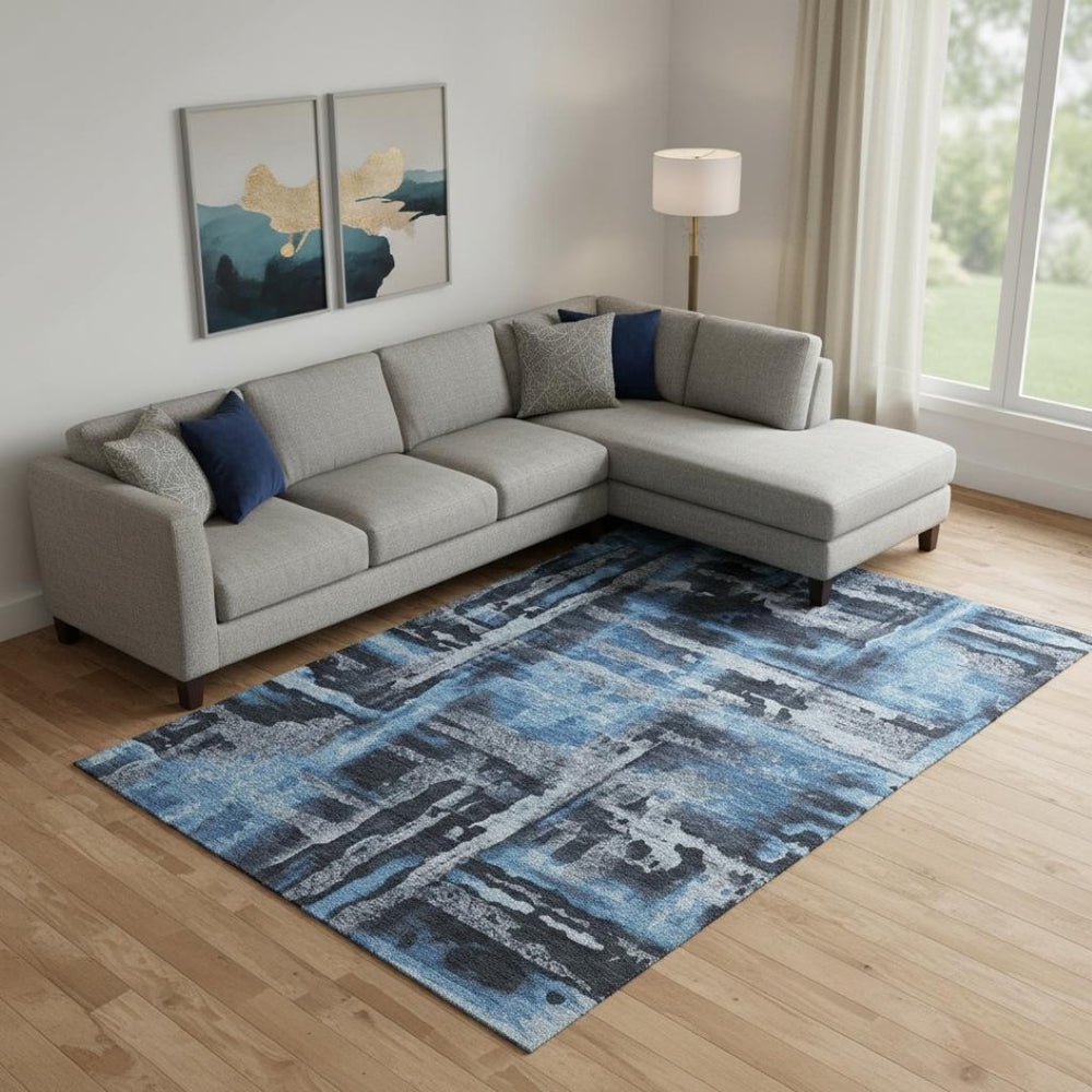 HomeRoots 10' X 14' Black And Blue Abstract Area Rug - Washable, Stain-Resistant, UV Protected for Modern Spaces 714619