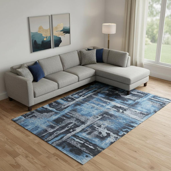 HomeRoots 10' X 14' Black And Blue Abstract Area Rug - Washable, Stain-Resistant, UV Protected for Modern Spaces 714619