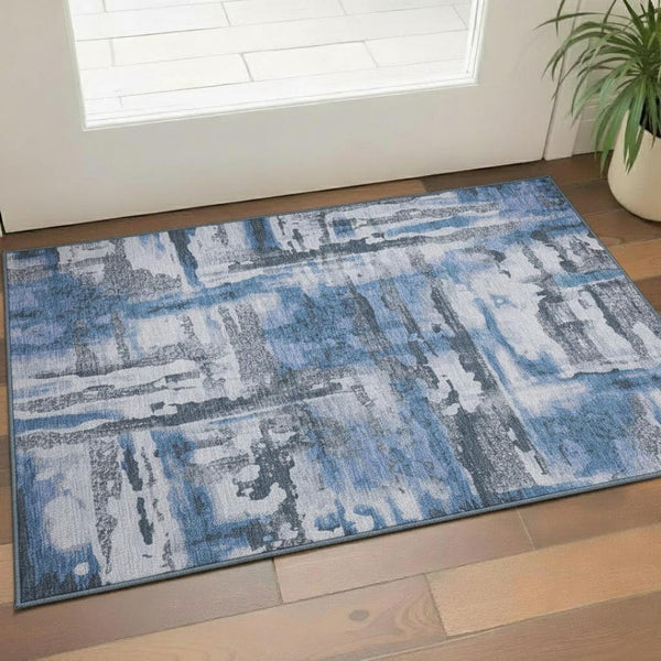 HomeRoots 5' X 8' Stylish Blue and Gray Abstract Washable Area Rug with UV Protection – Pet-Friendly Design! 714627