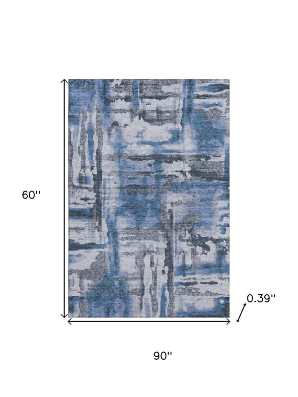 HomeRoots 8' Modern Abstract Round Rug in Blue & Gray – Washable, UV-Protected, Stain-Resistant, Non-Slip! 714628