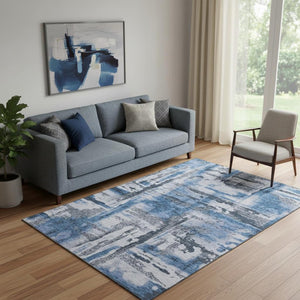 HomeRoots 8' Modern Abstract Round Rug in Blue & Gray – Washable, UV-Protected, Stain-Resistant, Non-Slip! 714628