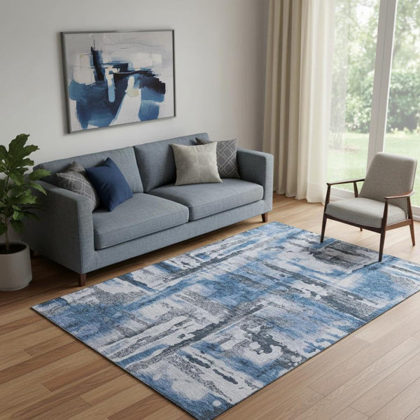 HomeRoots 8' Modern Abstract Round Rug in Blue & Gray – Washable, UV-Protected, Stain-Resistant, Non-Slip! 714628
