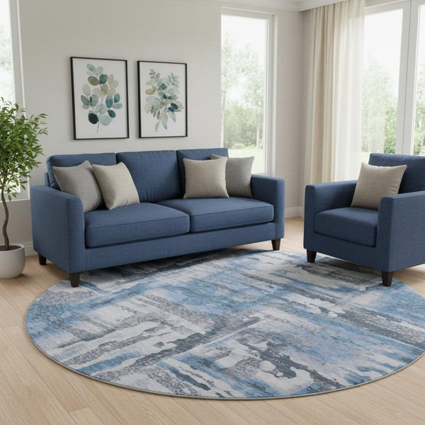 HomeRoots 8' X 10' Blue And Gray Abstract Area Rug - Washable, UV Protected, and Perfect for High-Traffic Spaces 714629