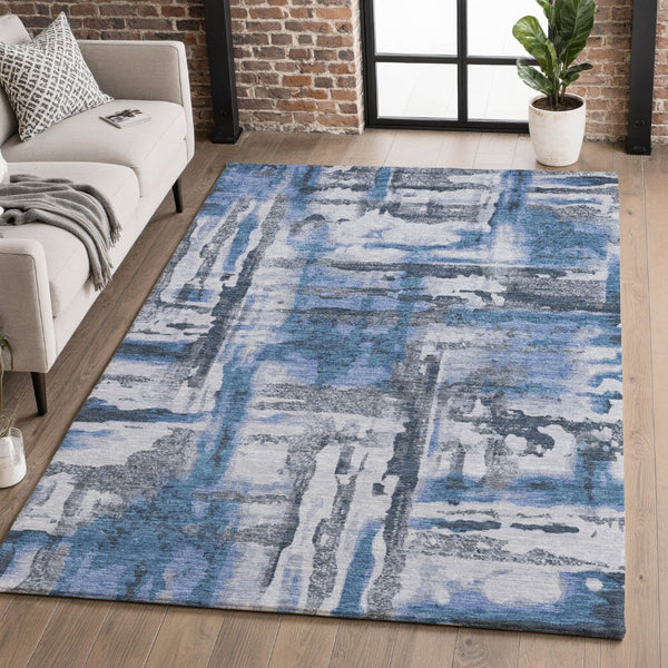 HomeRoots 9' X 12' Blue And Gray Abstract Area Rug - Stylish, Washable, UV Protected for Modern Homes 714630