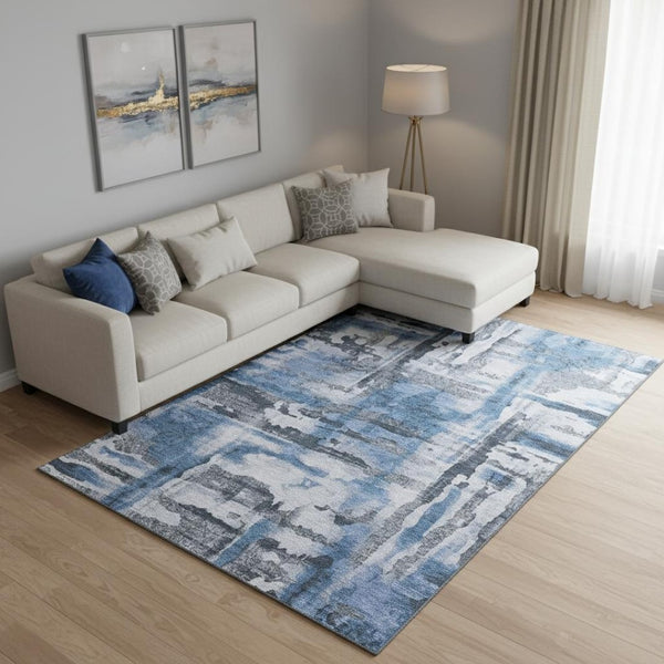HomeRoots 9' X 12' Blue And Gray Abstract Area Rug - Stylish, Washable, UV Protected for Modern Homes 714630