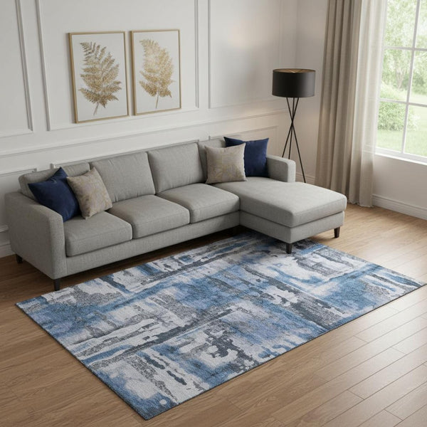 HomeRoots 10' Blue and Gray Abstract Washable Area Rug - Durable, UV Protected, Perfect for High-Traffic Spaces! 714631