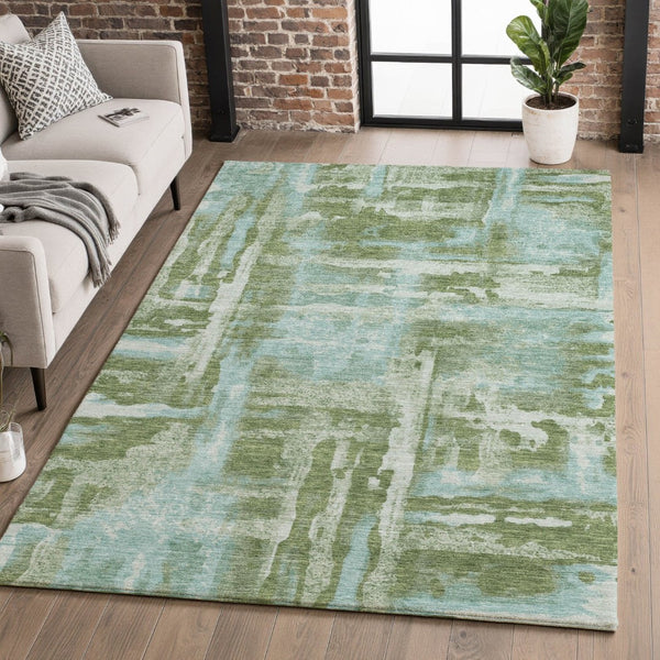 HomeRoots 5' X 8' Fern Green & Sky Blue Abstract Area Rug - Washable, UV Protected, Non-Slip & Kid-Friendly 714639