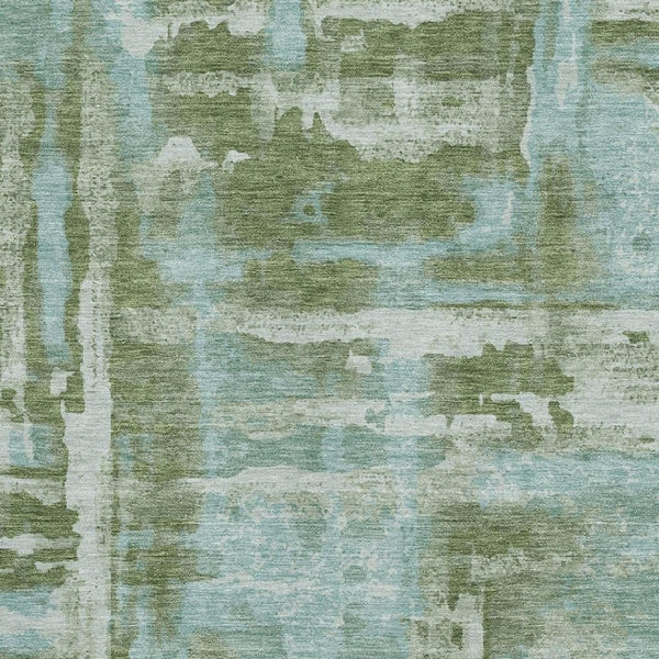 HomeRoots 8' Abstract Washable Round Rug in Fern Green & Sky Blue - Durable, Stain-Resistant, UV Protected! 714640