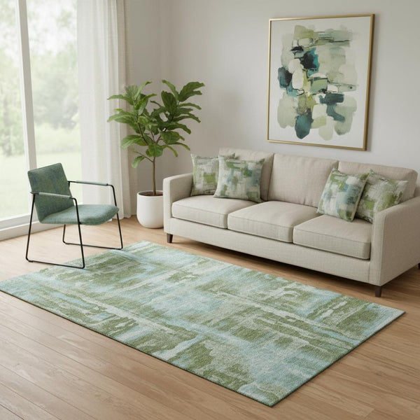 HomeRoots 8' Abstract Washable Round Rug in Fern Green & Sky Blue - Durable, Stain-Resistant, UV Protected! 714640