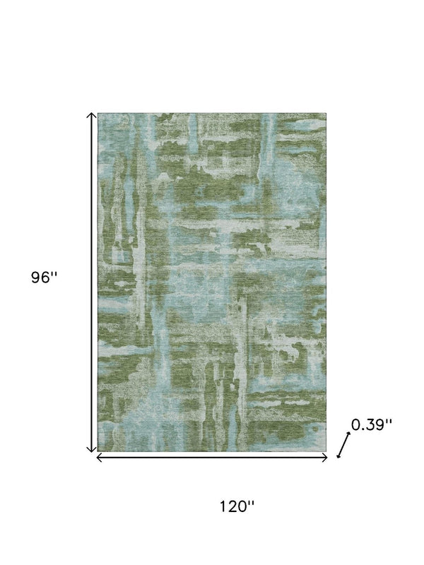 HomeRoots 9' X 12' Abstract Area Rug in Fern Green & Sky Blue - Washable, UV Protected, Pet-Friendly Design! 714642