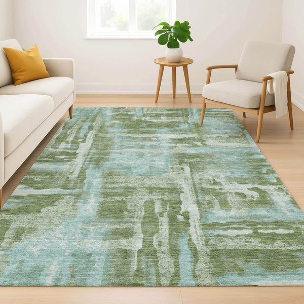 HomeRoots 9' X 12' Abstract Area Rug in Fern Green & Sky Blue - Washable, UV Protected, Pet-Friendly Design! 714642