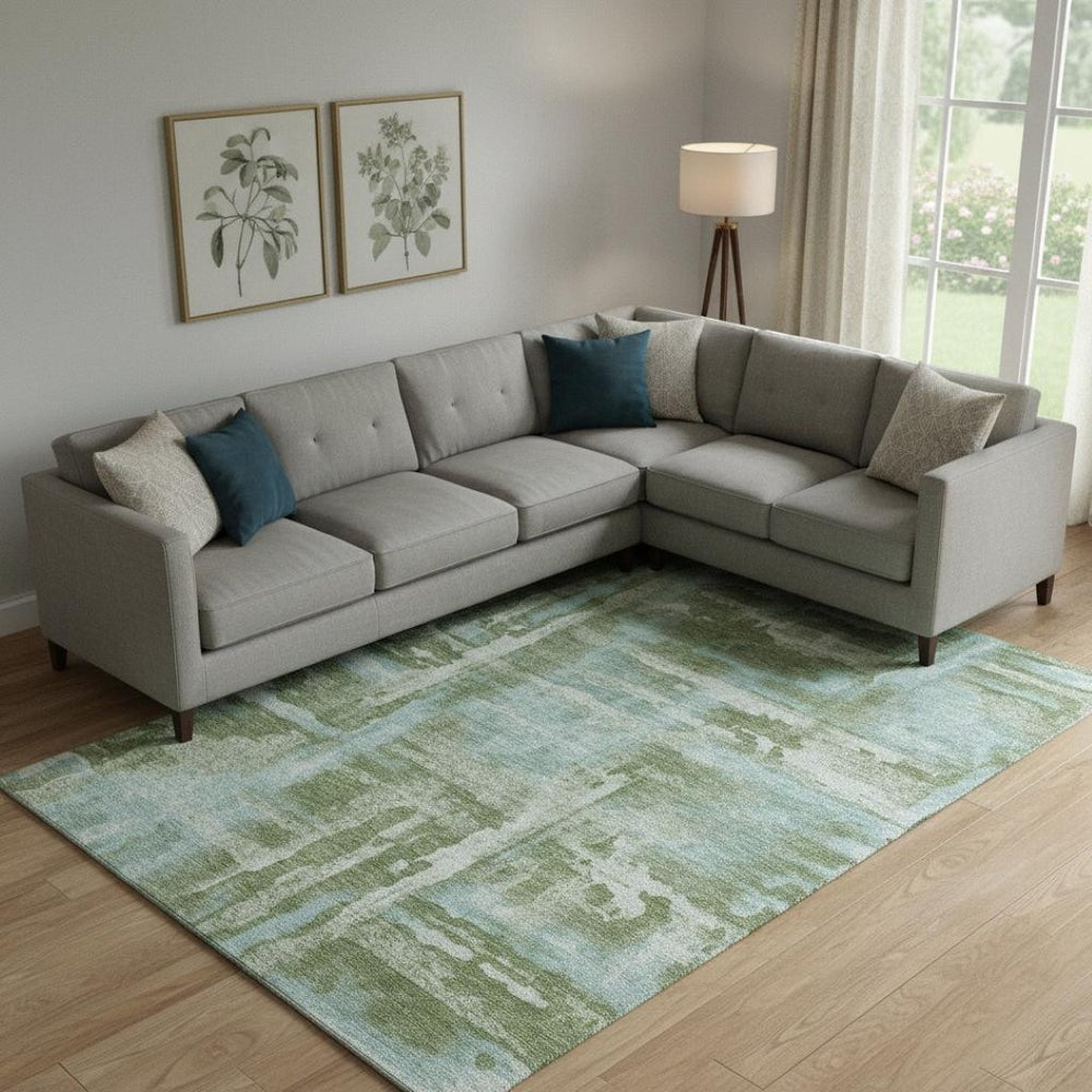 HomeRoots 9' X 12' Abstract Area Rug in Fern Green & Sky Blue - Washable, UV Protected, Pet-Friendly Design! 714642