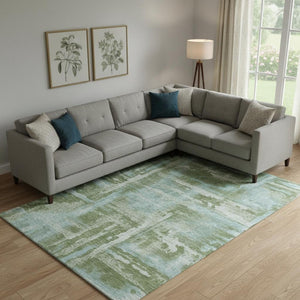 HomeRoots 9' X 12' Abstract Area Rug in Fern Green & Sky Blue - Washable, UV Protected, Pet-Friendly Design! 714642