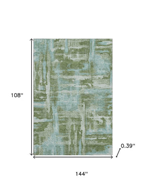 HomeRoots 10' X 14' Modern Fern Green & Sky Blue Abstract Washable Area Rug with UV Protection & Durability 714643