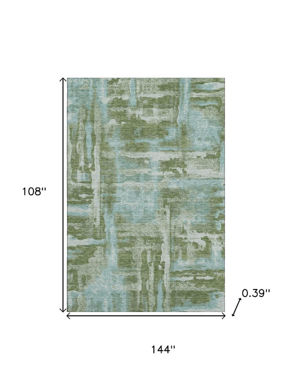 HomeRoots 10' X 14' Modern Fern Green & Sky Blue Abstract Washable Area Rug with UV Protection & Durability 714643