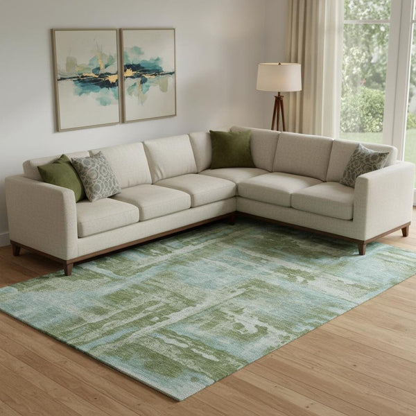 HomeRoots 10' X 14' Modern Fern Green & Sky Blue Abstract Washable Area Rug with UV Protection & Durability 714643