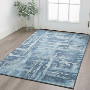 HomeRoots 5' X 8' Denim Blue & Sky Blue Abstract Area Rug - Washable, UV Protected, Durable for High-Traffic Areas 714645