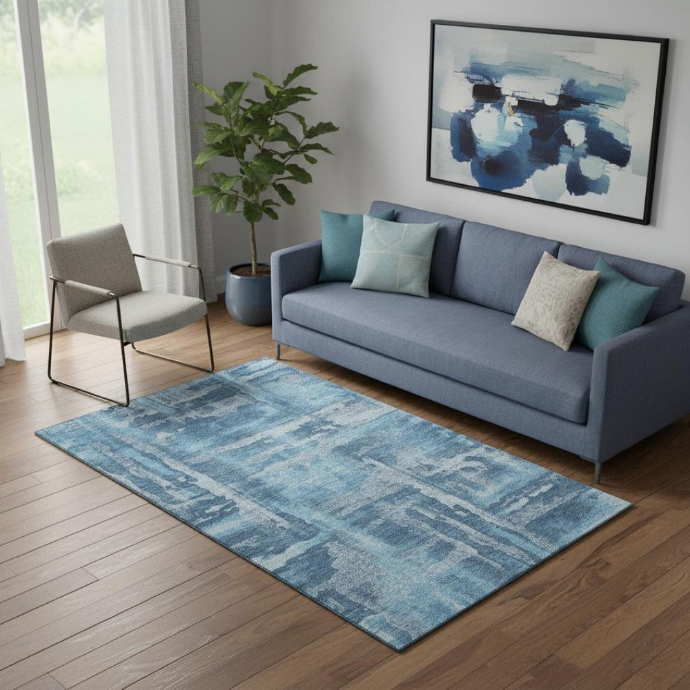 HomeRoots 8' Denim Blue & Sky Blue Abstract Washable Round Rug - UV Protected, Durable, Modern Design for Homes 714646