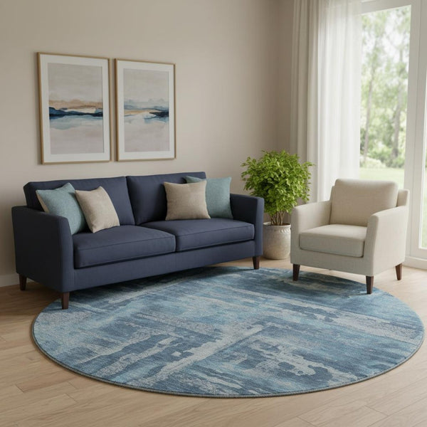 HomeRoots 8' X 10' Stylish Denim & Sky Blue Abstract Washable Area Rug with UV Protection & Stain Resistance 714647