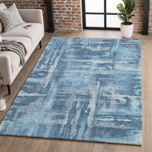 HomeRoots 9' X 12' Abstract Denim and Sky Blue Washable Area Rug with UV Protection for Busy Homes 714648