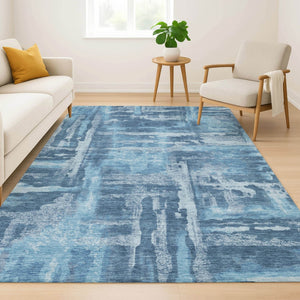 HomeRoots 9' X 12' Abstract Denim and Sky Blue Washable Area Rug with UV Protection for Busy Homes 714648
