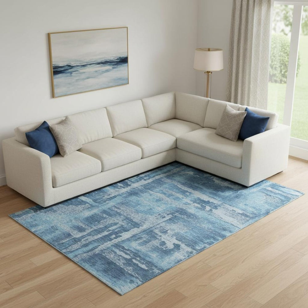 HomeRoots 10' Denim Blue & Sky Blue Abstract Washable Area Rug – UV Protected, Stain-Resistant, Durable Style! 714649