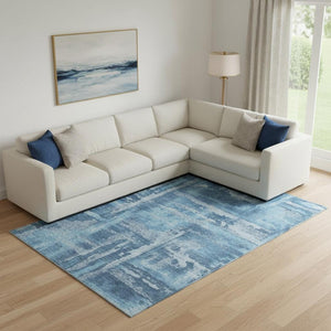 HomeRoots 10' Denim Blue & Sky Blue Abstract Washable Area Rug – UV Protected, Stain-Resistant, Durable Style! 714649
