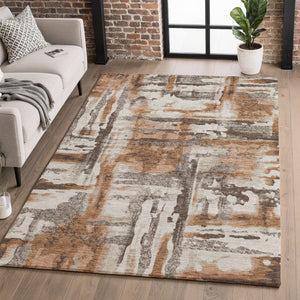 HomeRoots 8' Washable Round Rug in Rust & Brown - Durable, UV-Protected, Noise-Reducing with Abstract Design 714652