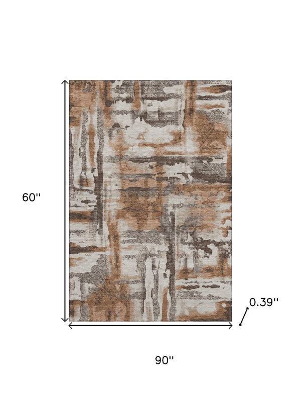 HomeRoots 8' Washable Round Rug in Rust & Brown - Durable, UV-Protected, Noise-Reducing with Abstract Design 714652