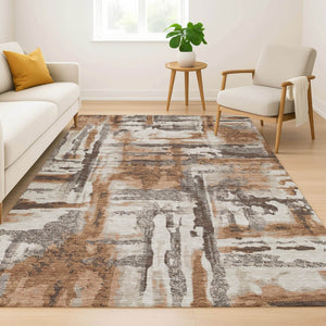 HomeRoots 8' Washable Round Rug in Rust & Brown - Durable, UV-Protected, Noise-Reducing with Abstract Design 714652