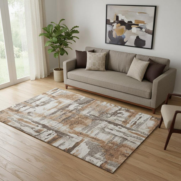 HomeRoots 8' Washable Round Rug in Rust & Brown - Durable, UV-Protected, Noise-Reducing with Abstract Design 714652