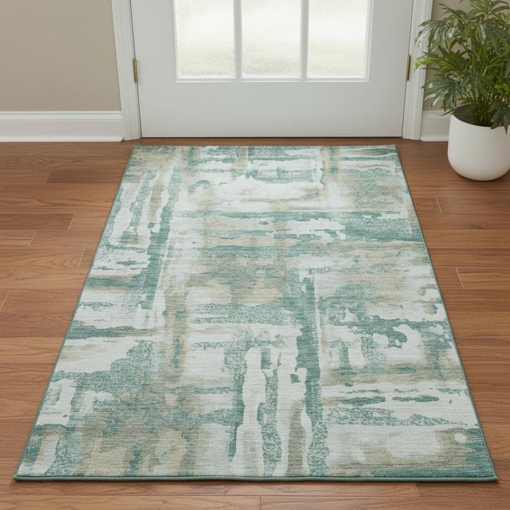 HomeRoots 5' X 8' Teal and Taupe Abstract Area Rug - Washable, UV-Protected, Modern Home Décor Essential 714657