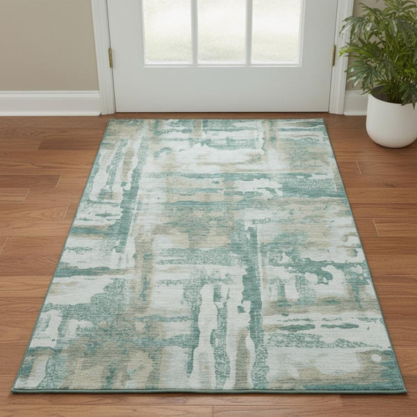 HomeRoots 5' X 8' Teal and Taupe Abstract Area Rug - Washable, UV-Protected, Modern Home Décor Essential 714657