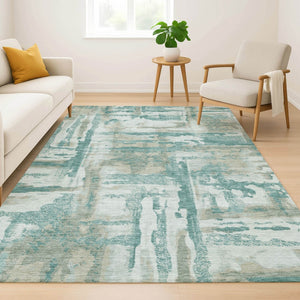 HomeRoots 8' Teal And Taupe Abstract Round Rug – Washable, UV Protected, Durable & Stylish for Any Room 714658