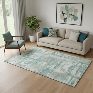 HomeRoots 8' Teal And Taupe Abstract Round Rug – Washable, UV Protected, Durable & Stylish for Any Room 714658