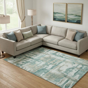 HomeRoots 9' X 12' Teal And Taupe Abstract Area Rug - Stylish, Washable, UV Protected for High-Traffic Spaces 714660